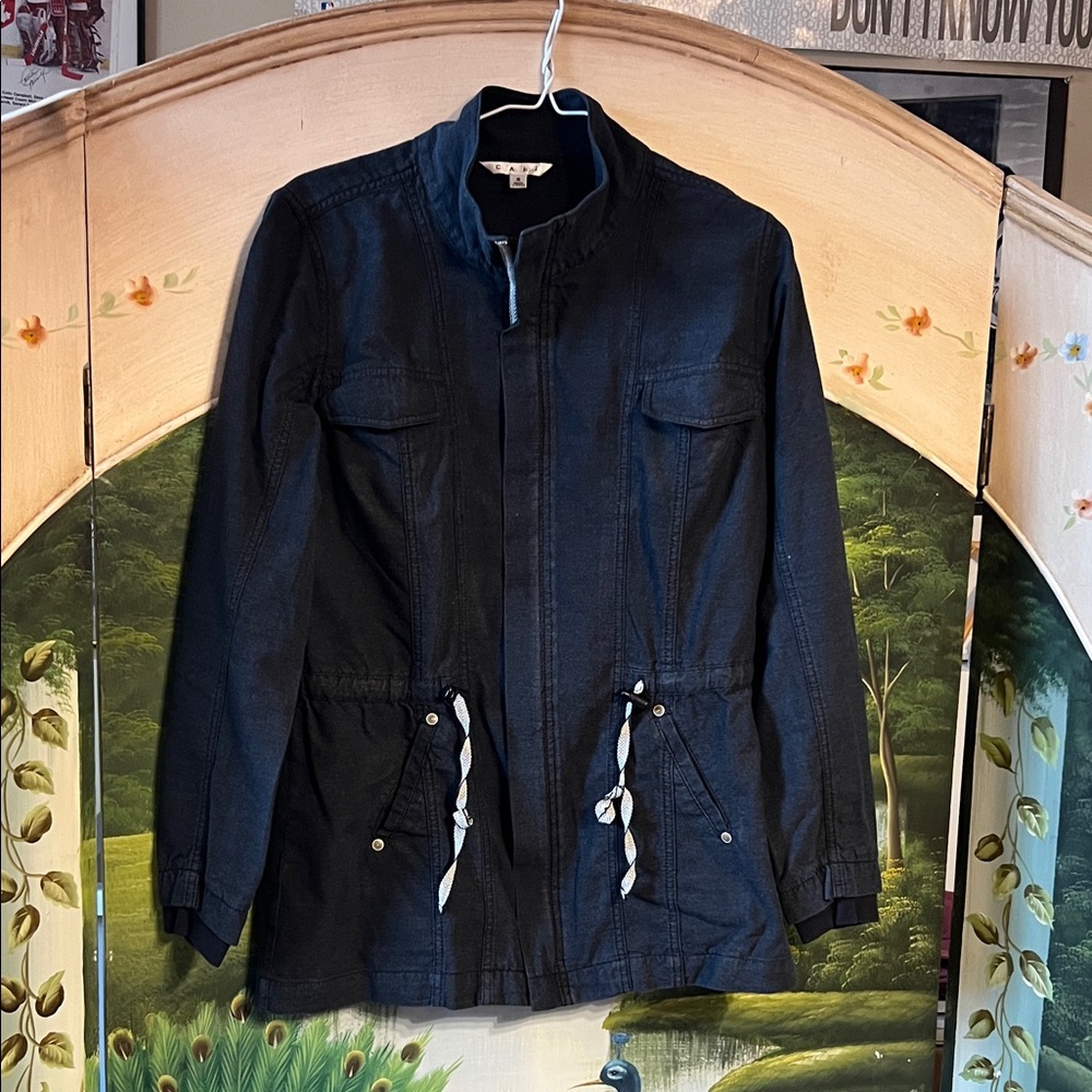 CAbi Charcoal Utility Jacket with Drawstring Waist, can wear with leggings or je